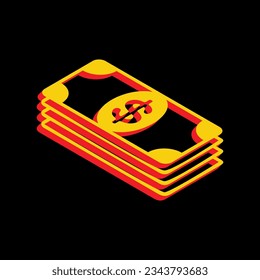 Signo de dólar nota bancaria. Icono Amarillo extruido 3D con los lados rojos un fondo negro. Ilustración.