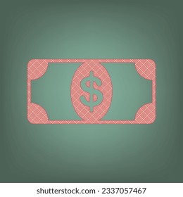 Bank Note dollar sign. Apricot Icon with Brick Red parquet floor graphic pattern on a Ebony background. Feldgrau. Green. Illustration.
