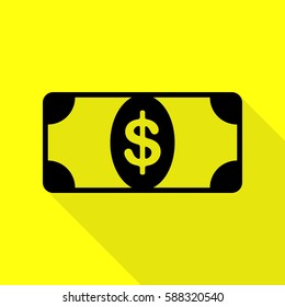 Bank Note dollar sign. Black icon with flat style shadow path on yellow background.