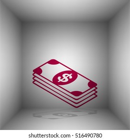 Bank Note dollar sign. Bordo icon with shadow in the room.