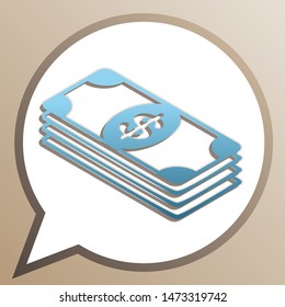 Bank Note dollar sign. Bright cerulean icon in white speech balloon at pale taupe background. Illustration.
