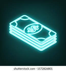 Bank Note dollar sign. Cyan neon icon in the dark. Bluring. Luminescence. Illustration.
