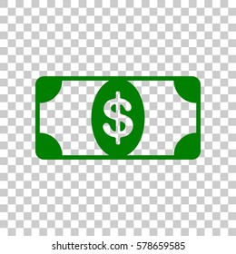 Bank Note dollar sign. Dark green icon on transparent background.