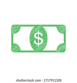 Bank Note dollar sign. Green scribble Icon with solid contour on white background. Illustration.