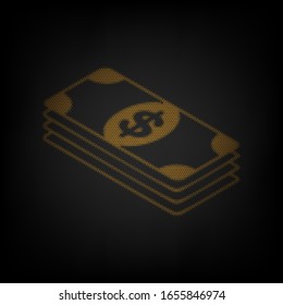 Bank Note dollar sign. Icon as grid of small orange light bulb in darkness. Illustration.