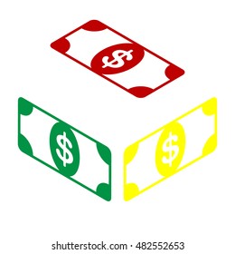 Bank Note dollar sign. Isometric style of red, green and yellow icon.