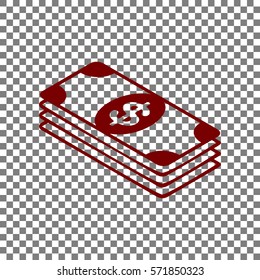Bank Note dollar sign. Maroon icon on transparent background.