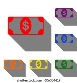 Bank Note dollar sign. Set of red, orange, yellow, green, blue and violet icons at white background with flat shadow.