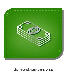 Bank Note dollar sign. Silver gradient line icon with dark green shadow at ecological patched green leaf. Illustration.