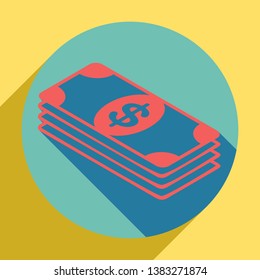 Bank Note dollar sign. Sunset orange icon with llapis lazuli shadow inside medium aquamarine circle with different goldenrod shadow at royal yellow background.