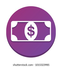Bank Note dollar sign. Vector. White icon with flat shadow on purpureus circle at white background. Isolated.