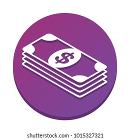 Bank Note dollar sign. Vector. White icon with flat shadow on purpureus circle at white background. Isolated.