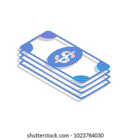 Bank Note dollar sign. Vector. Neon blue icon with cyclamen polka dots pattern with light gray shadow on white background. Isolated.