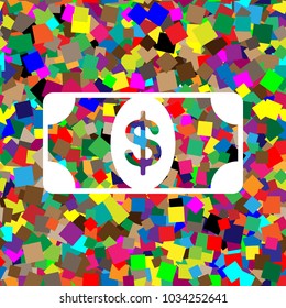 Bank Note dollar sign. Vector. White icon on colorful background with seamless pattern from squares.