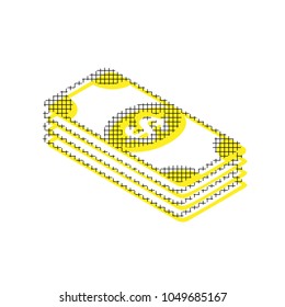 Bank Note dollar sign. Vector. Yellow icon with square pattern duplicate at white background. Isolated.