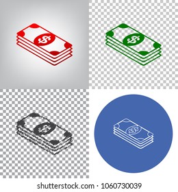 Bank Note dollar sign. Vector. 4 styles. Red gradient in radial lighted background, green flat and gray scribble icons on transparent and linear one in blue circle.