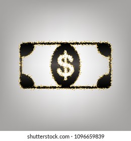 Bank Note dollar sign. Vector. Blackish icon with golden stars at grayish background.