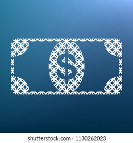 Bank Note dollar sign. Vector. White textured icon at lapis lazuli gradient background.