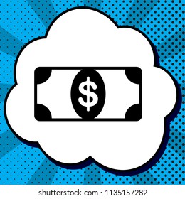Bank Note dollar sign. Vector. Black icon in bubble on blue pop-art background with rays.