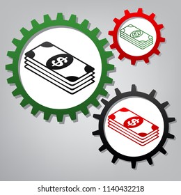 Bank Note dollar sign. Vector. Three connected gears with icons at grayish background.