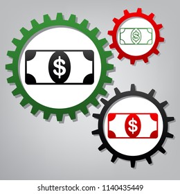 Bank Note dollar sign. Vector. Three connected gears with icons at grayish background.