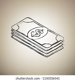 Bank Note dollar sign. Vector. Brush drawed black icon at light brown background.