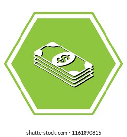 Bank Note dollar sign. Vector. White icon with black shadow at yellow green honeycomb on white background.