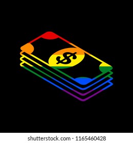 Bank Note dollar sign. Vector. Icon with colors of LGBT flag at black background.