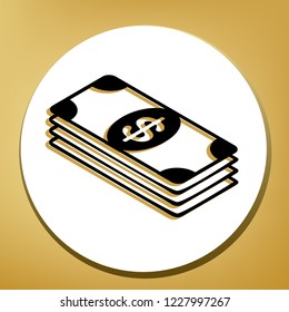 Bank Note dollar sign. Vector. Black icon with light brown shadow in white circle with shaped ring at golden background.