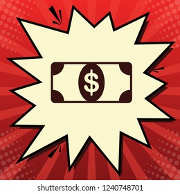 Bank Note dollar sign. Vector. Dark red icon in lemon chiffon shutter bubble at red popart background with rays.