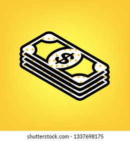 Bank Note dollar sign. Vector. Yellow polka dot white icon with black contour at warm yellow background.