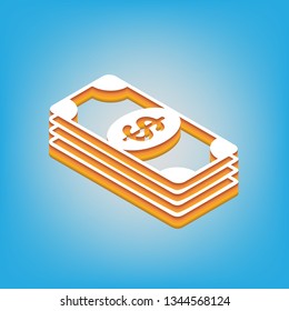Bank Note dollar sign. Vector. White icon with 3d warm-colored gradient body at sky blue background.