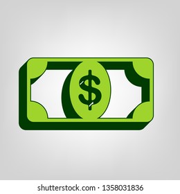 Bank Note dollar sign. Vector. Yellow green solid icon with dark green external body at light colored background.