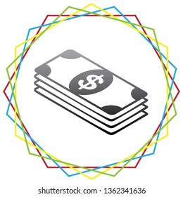 Bank Note dollar sign. Vector. Black icon with patch of light inside colorful hexagonal frames at white background.