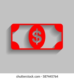 Bank Note dollar sign. Vector. Red icon with soft shadow on gray background.