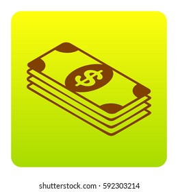 Bank Note dollar sign. Vector. Brown icon at green-yellow gradient square with rounded corners on white background. Isolated.