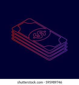 Bank Note dollar sign. Vector. Line icon with gradient from red to violet colors on dark blue background.