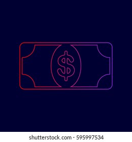 Bank Note dollar sign. Vector. Line icon with gradient from red to violet colors on dark blue background.