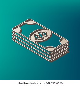 Bank Note dollar sign. Vector. Icon printed at 3d on sea color background.
