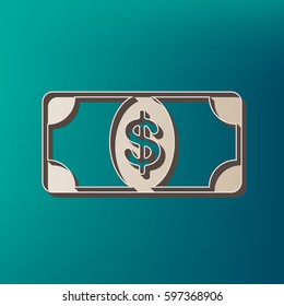 Bank Note dollar sign. Vector. Icon printed at 3d on sea color background.