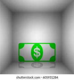 Bank Note dollar sign. Vector. Green icon with shadow in the room.