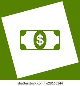 Bank Note dollar sign. Vector. White icon obtained as a result of subtraction rotated square and path. Avocado background.