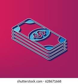 Bank Note dollar sign. Vector. Blue 3d printed icon on magenta background.