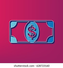 Bank Note dollar sign. Vector. Blue 3d printed icon on magenta background.