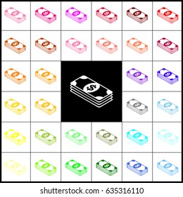 Bank Note dollar sign. Vector. Felt-pen 33 colorful icons at white and black backgrounds. Colorfull.