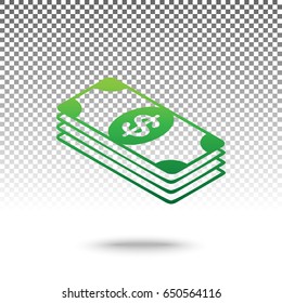 Bank Note dollar sign. Vector. Green gradient icon with shadow at bottom on transparent and white background.
