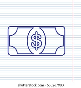 Bank Note dollar sign. Vector. Navy line icon on notebook paper as background with red line for field.