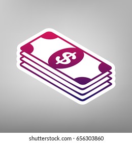 Bank Note dollar sign. Vector. Purple gradient icon on white paper at gray background.