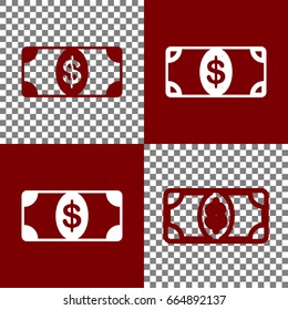 Bank Note dollar sign. Vector. Bordo and white icons and line icons on chess board with transparent background.
