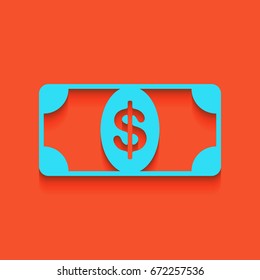 Bank Note dollar sign. Vector. Blue icon with soft shadow putted down on flamingo background.